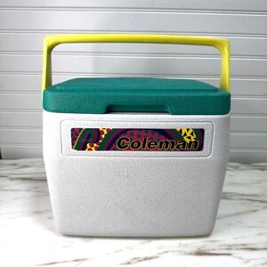 Vintage 1990s Coleman Cooler 16 Qt Yellow Handle Teal Green Lid